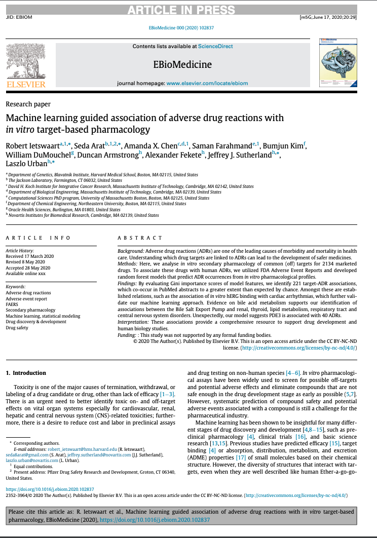 Image of the new paper "Machine learning guided association of adverse drug reactions with in vitro target-based pharmacology"